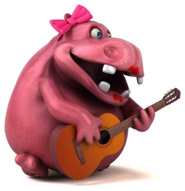 Gitarlı Pembe Hippo - 3D Görüntü