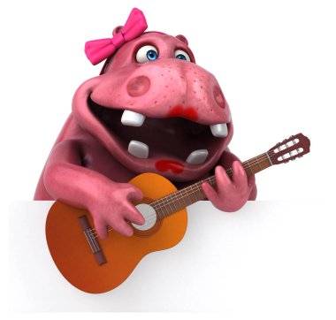 Gitarlı Pembe Hippo 3D Görüntü