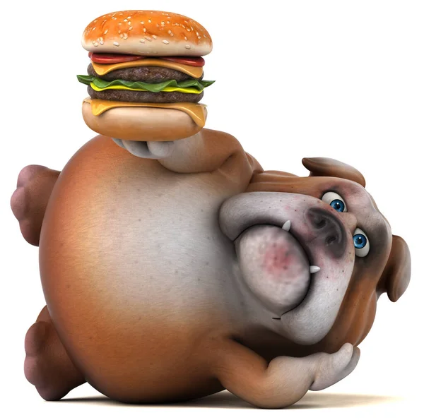 ハンバーガーと楽しいブルドッグ 3Dイラスト — ストック写真