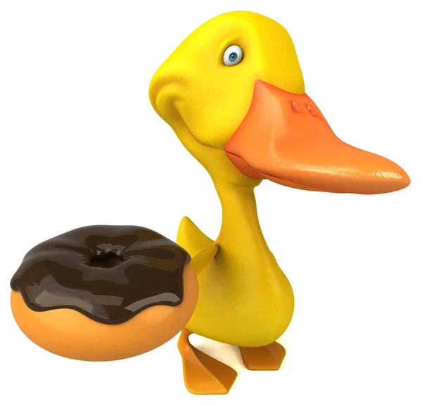 带甜甜圈的有趣鸭 3D插图 — 图库照片