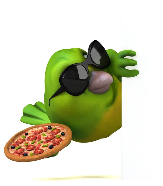 Divertido Pájaro Verde Con Pizza Ilustración —  Fotos de Stock