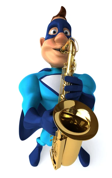Super-herói divertido com saxofone — Fotografia de Stock