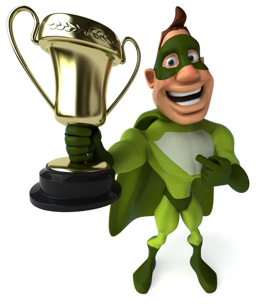 Fun superhero with trophy — Stock Photo, Image