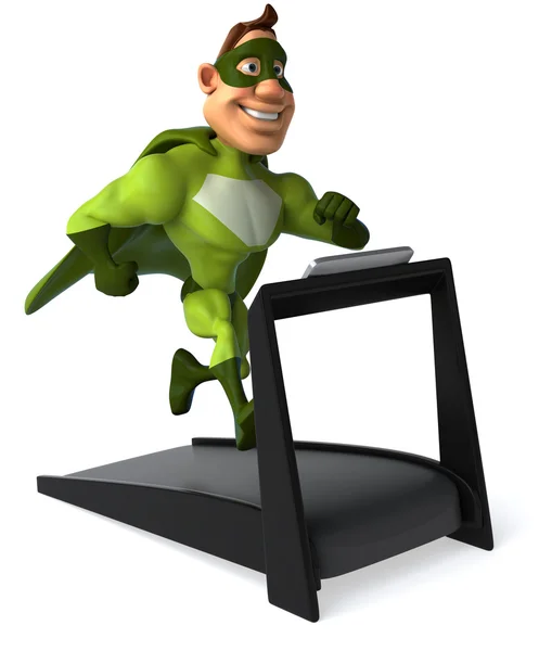 Fun superhero on treadmill — Stock Photo, Image