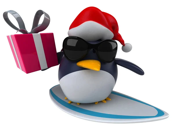 Fun penguin on surf board with gift — Stock Photo, Image