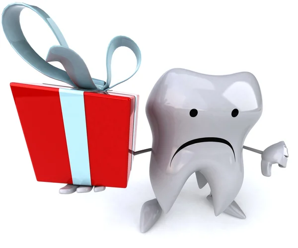 Fun tooth with gift — Stock Photo, Image