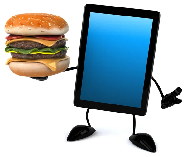 Burger ile eğlenceli tablet — Stok fotoğraf