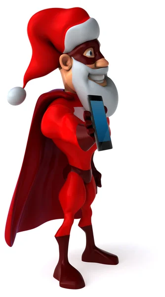 Santa Clause in superheld kostuum met slimme telefoon — Stockfoto