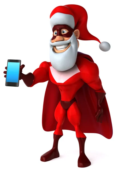Śnięty Mikołaj w superhero kostium z inteligentny telefon — Zdjęcie stockowe