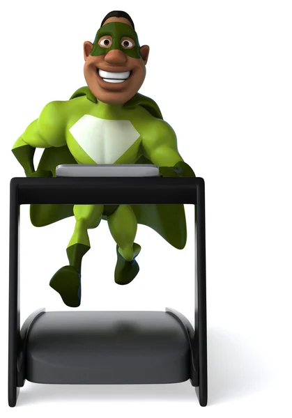 Fun superhero running on a treadmill — Stock Photo, Image