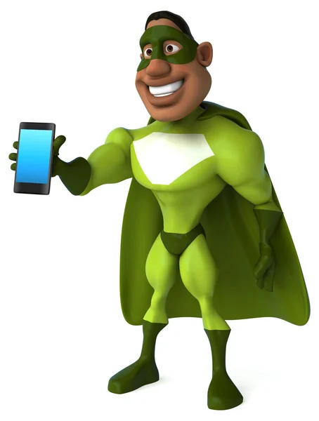 Веселый супергерой со смартфоном — стоковое фото
