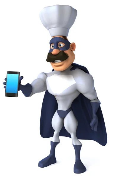Веселый супергерой со смартфоном — стоковое фото