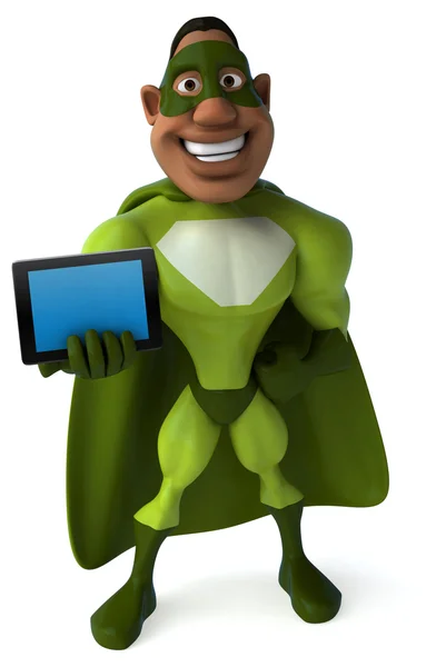 Fun superhero with computer tablet — Stock Photo, Image