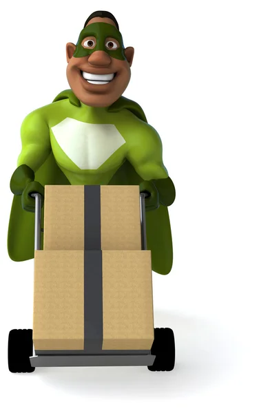 Green superhero with boxes — Stock Photo, Image