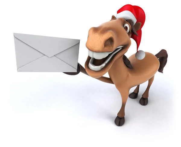 Cavalo divertido no chapéu do Papai Noel com carta — Fotografia de Stock