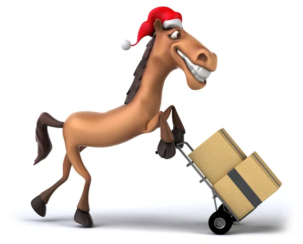 Веселая лошадь в шляпе Санты с коробками — стоковое фото