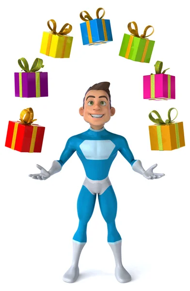 Fun superhero with gifts — Stock Photo, Image