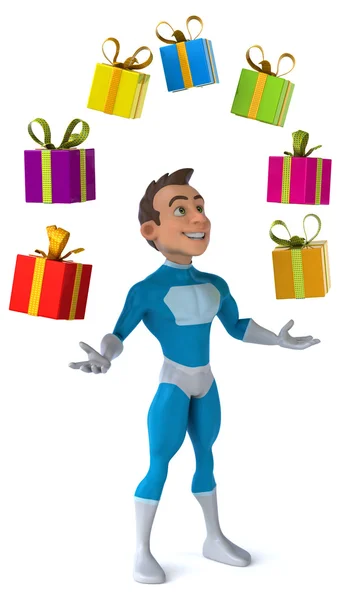 Fun superhero with gifts — Stock Photo, Image