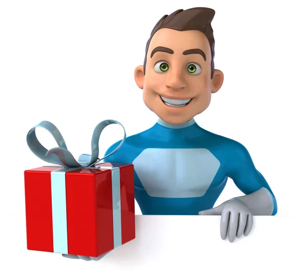 Fun superhero with gift — Stock Photo, Image