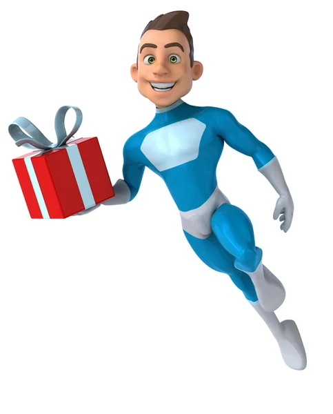 Fun superhero with gift — Stock Photo, Image