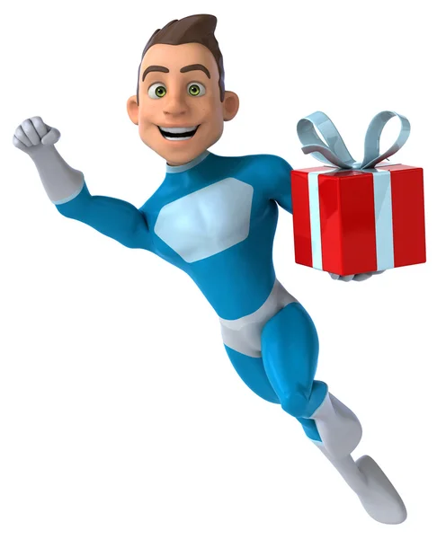 Fun superhero with gift — Stock Photo, Image