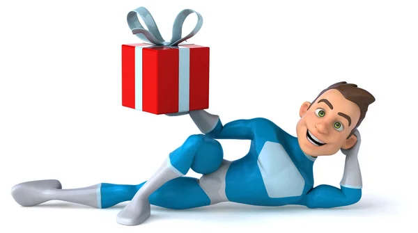 Spaß Superheld mit Geschenk — Stockfoto