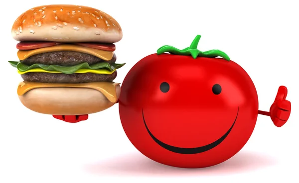Cartoon tomato with burger — Stock Photo, Image