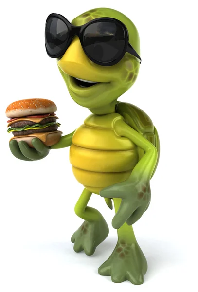 Turtle in sunglasses with burger — Stock Photo, Image