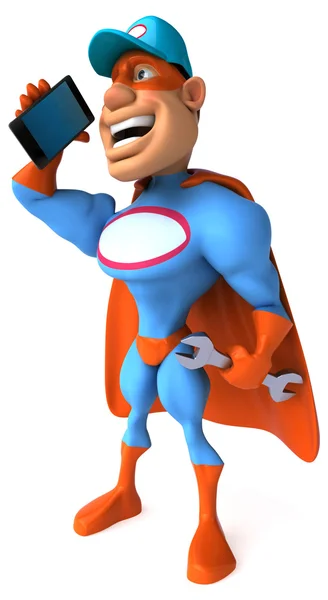 Веселый супергерой с мобильным телефоном — стоковое фото