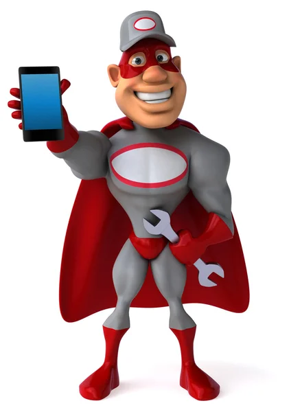 Leuk superheld met mobiele telefoon — Stockfoto