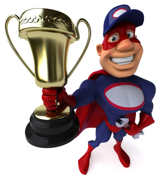 Веселый супергерой с золотым трофеем — стоковое фото