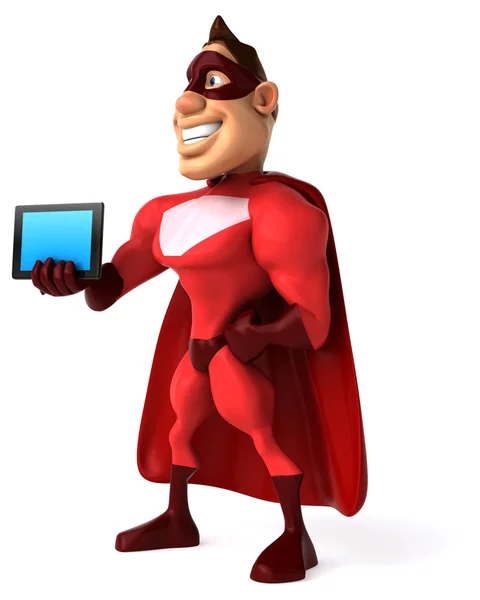 Fun superhero with tablet computer — Stock Photo, Image