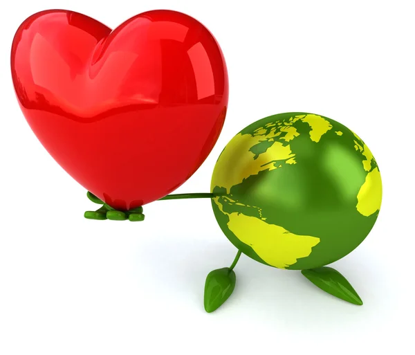 Green world with red heart — Stock Photo, Image