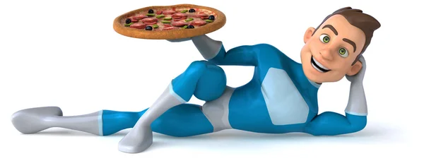 Fun superhero with pizza — Stock Photo, Image