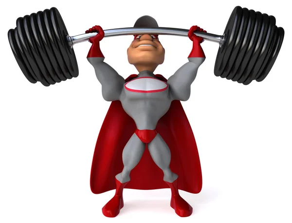 Fun superhero with weights — Stock Photo, Image