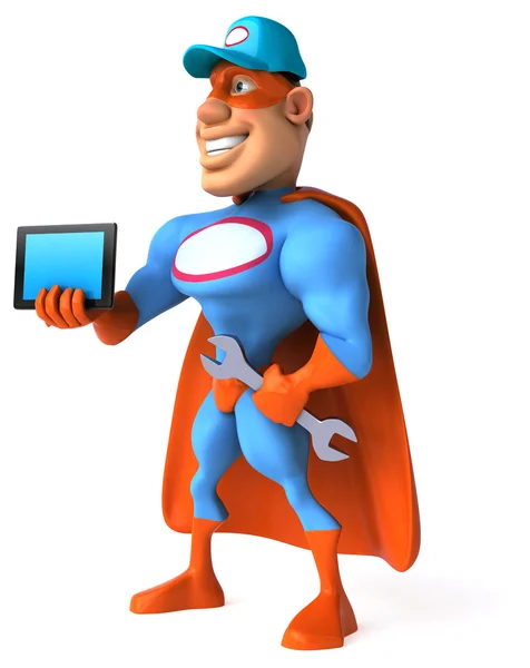 Leuk superheld met tablet pc — Stockfoto
