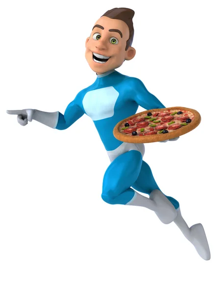 Fun superhero with pizza — Stock Photo, Image