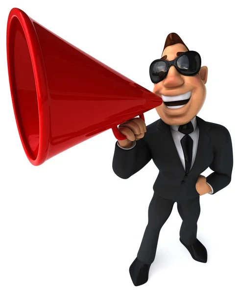 Fun cartoon businessman with red loudspeaker — Stock Photo, Image