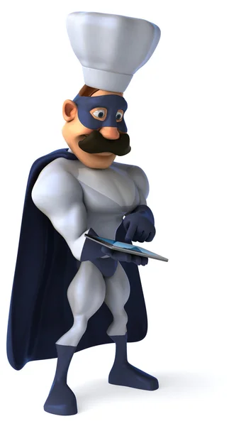 Fun chef superhero with tablet computer — Stock Photo, Image