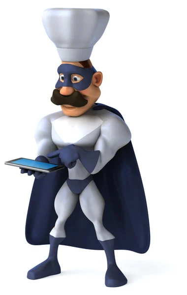 Fun chef superhero with tablet computer — Stock Photo, Image