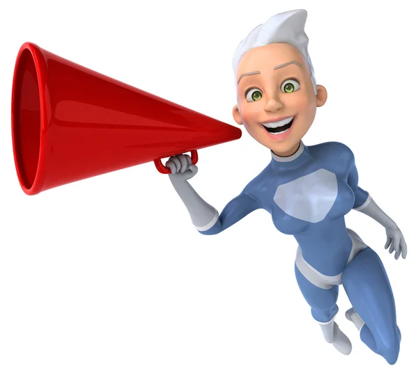 Fun superhero woman  with loudspeaker — Stock Photo, Image