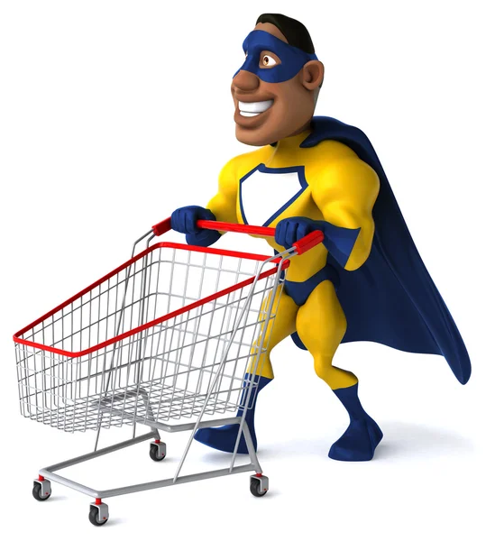 Fun superhero with shopping cart — Stock Photo, Image