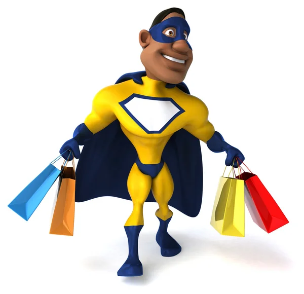 買い物袋を持つ楽しいスーパー ヒーロー — ストック写真
