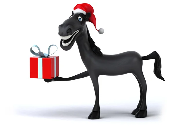 Fun horse in Santa's hat with gift — Stock Photo, Image