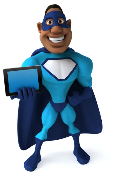 Веселый супергерой с планшетным компьютером — стоковое фото
