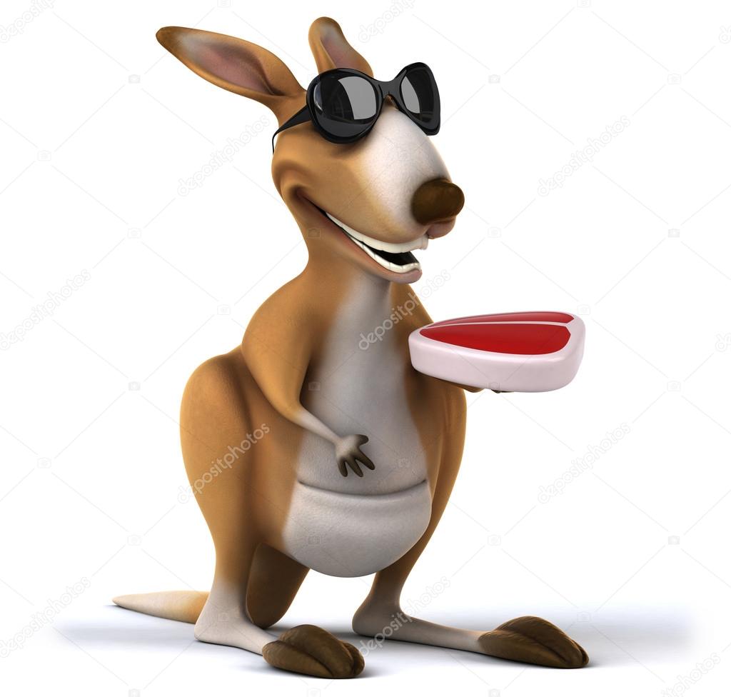 Funny kangaroo with piece of meat wearing sunglasses