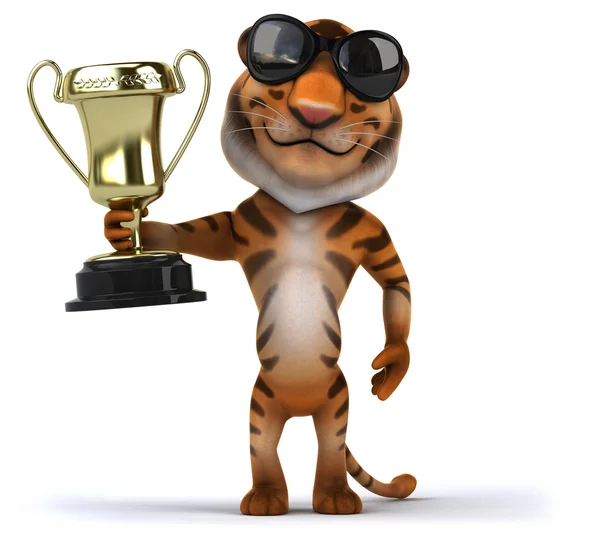 Fun tiger with golden trophy — Stock Photo, Image