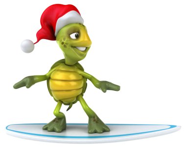 Noel Baba'nın şapkalı sörf tahtası üzerinde eğlenceli kaplumbağa