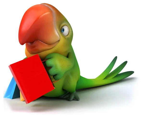 A bevásárló szatyrok szórakoztató papagáj — Stock Fotó