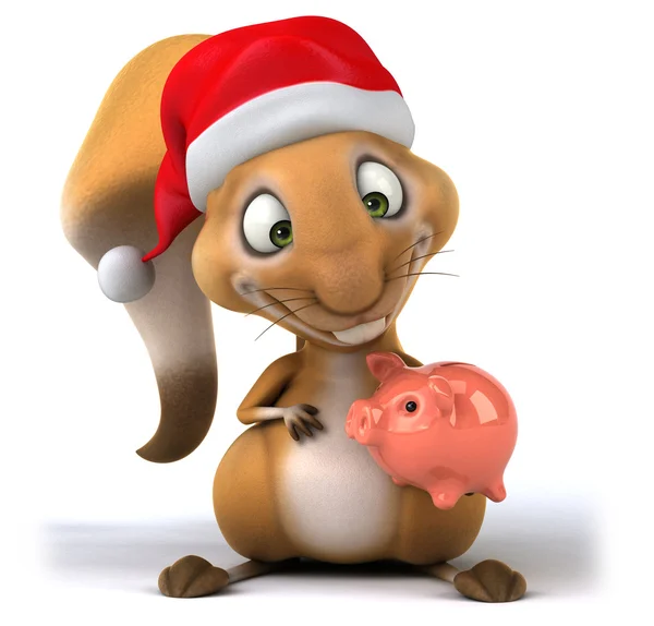 Fun squirrel in Santa's hat with piggy bank — Stock Photo, Image